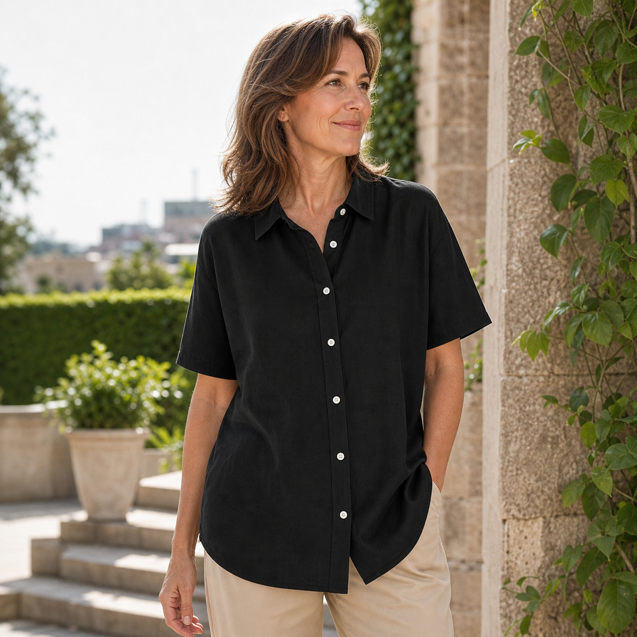 Women's Relaxed Short Sleeve Button-Up Shirt