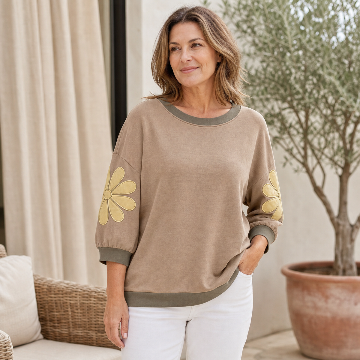 Women's Floral Applique Sleeve Relaxed Top