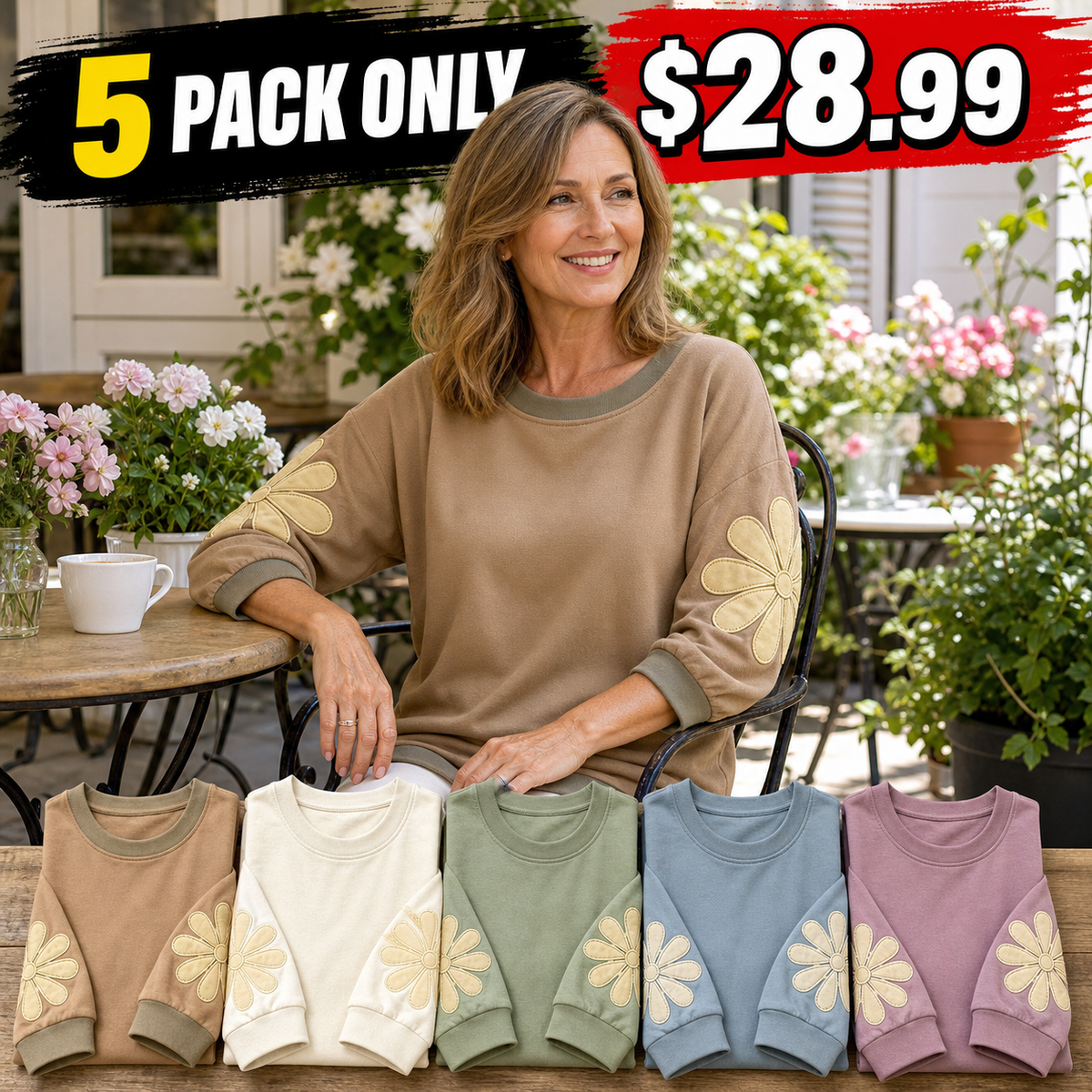 Women's Floral Applique Sleeve Relaxed Top