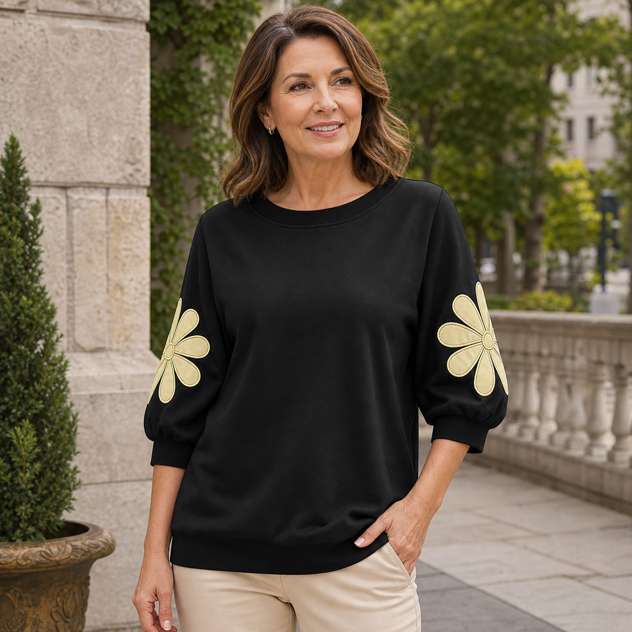 Women's Floral Applique Sleeve Relaxed Top