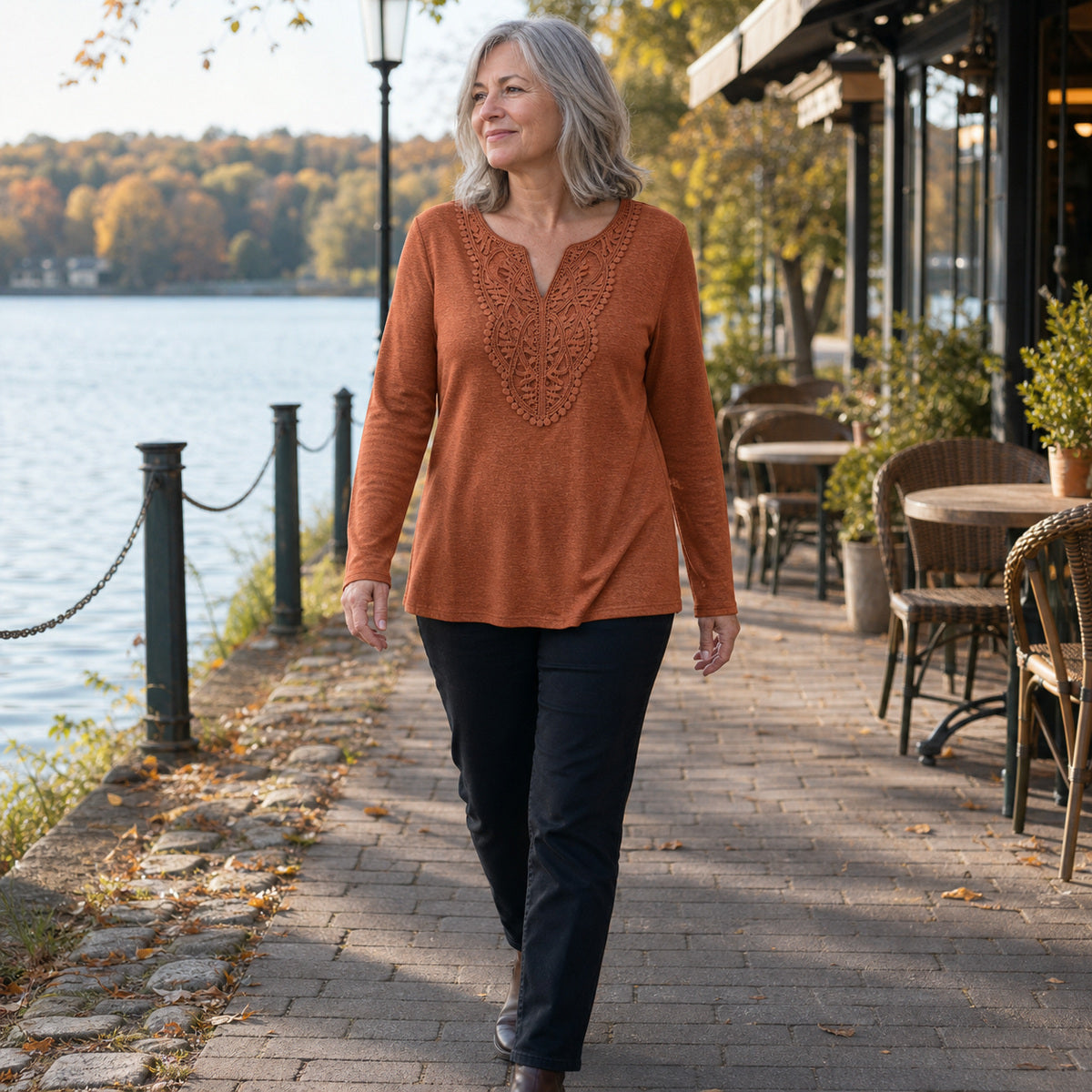 Women's Crochet Lace Split-Neck Long Sleeve Top