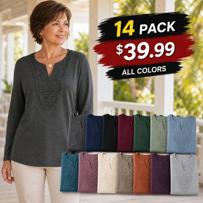 Women's Crochet Lace Split-Neck Long Sleeve Top