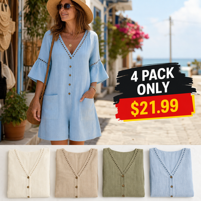 Women's Eyelet Trim Button Front Beach Romper