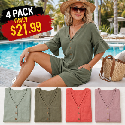 Women's Eyelet Trim Button Front Beach Romper