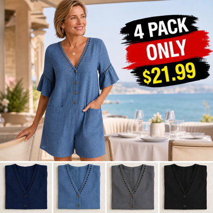 Women's Eyelet Trim Button Front Beach Romper