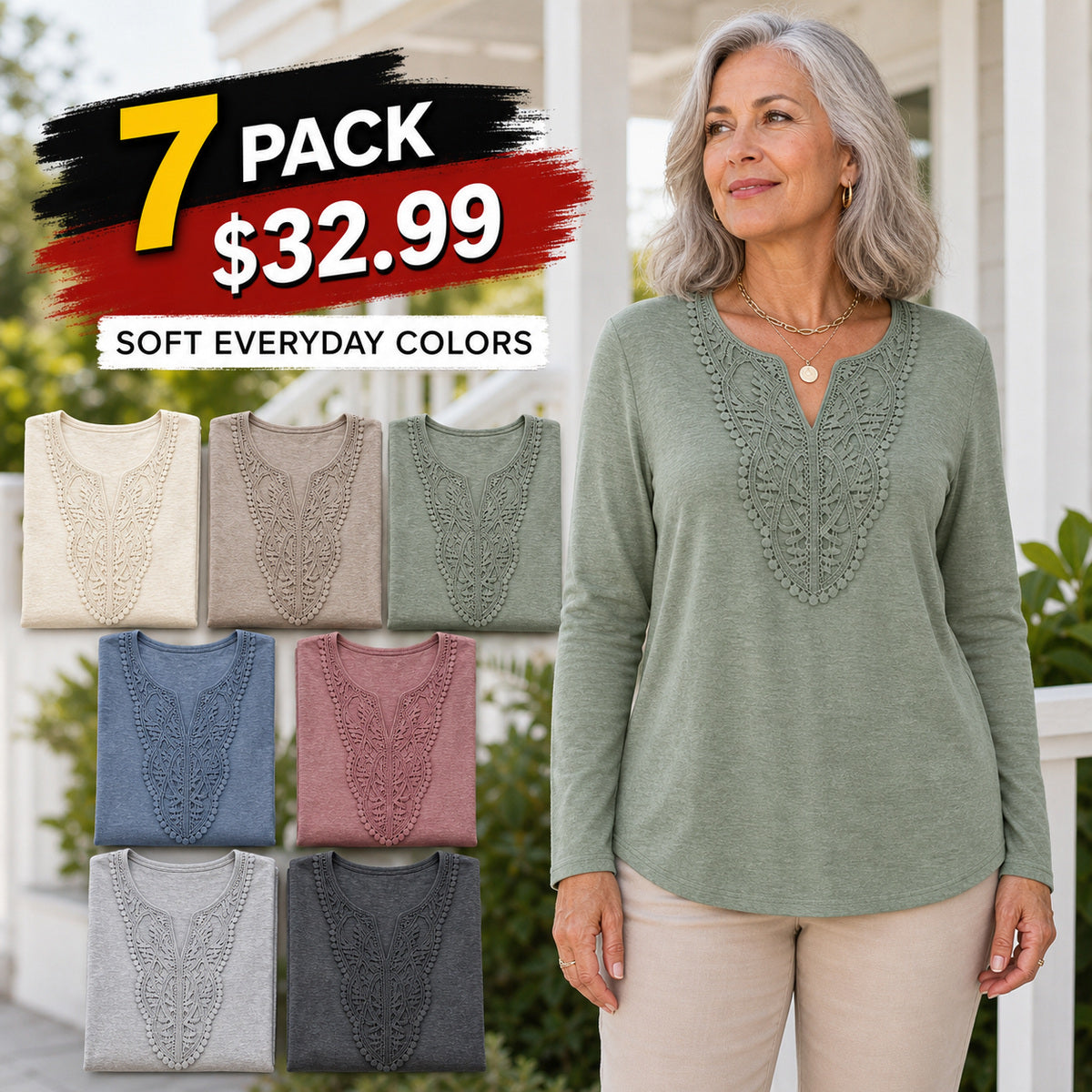 Women's Crochet Lace Split-Neck Long Sleeve Top