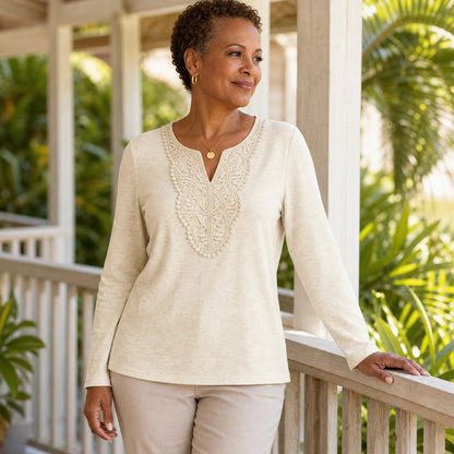 Women's Crochet Lace Split-Neck Long Sleeve Top