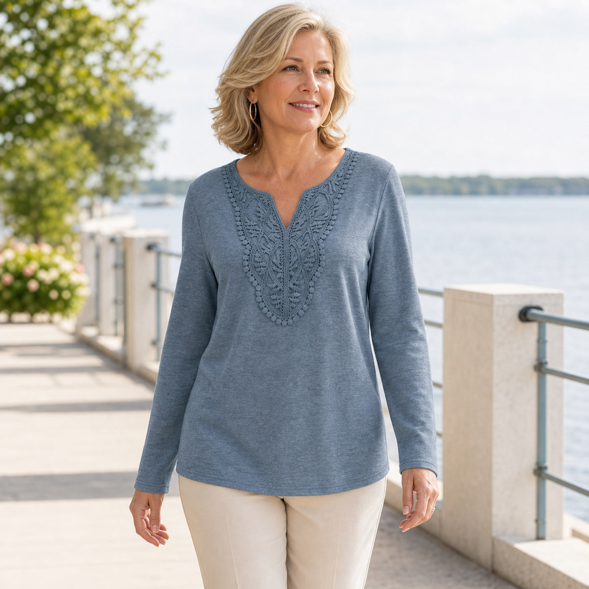 Women's Crochet Lace Split-Neck Long Sleeve Top