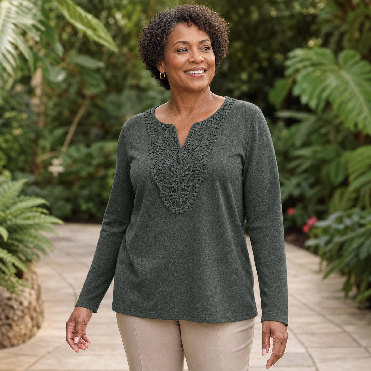 Women's Crochet Lace Split-Neck Long Sleeve Top