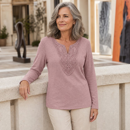 Women's Crochet Lace Split-Neck Long Sleeve Top