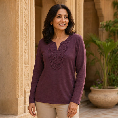 Women's Crochet Lace Split-Neck Long Sleeve Top