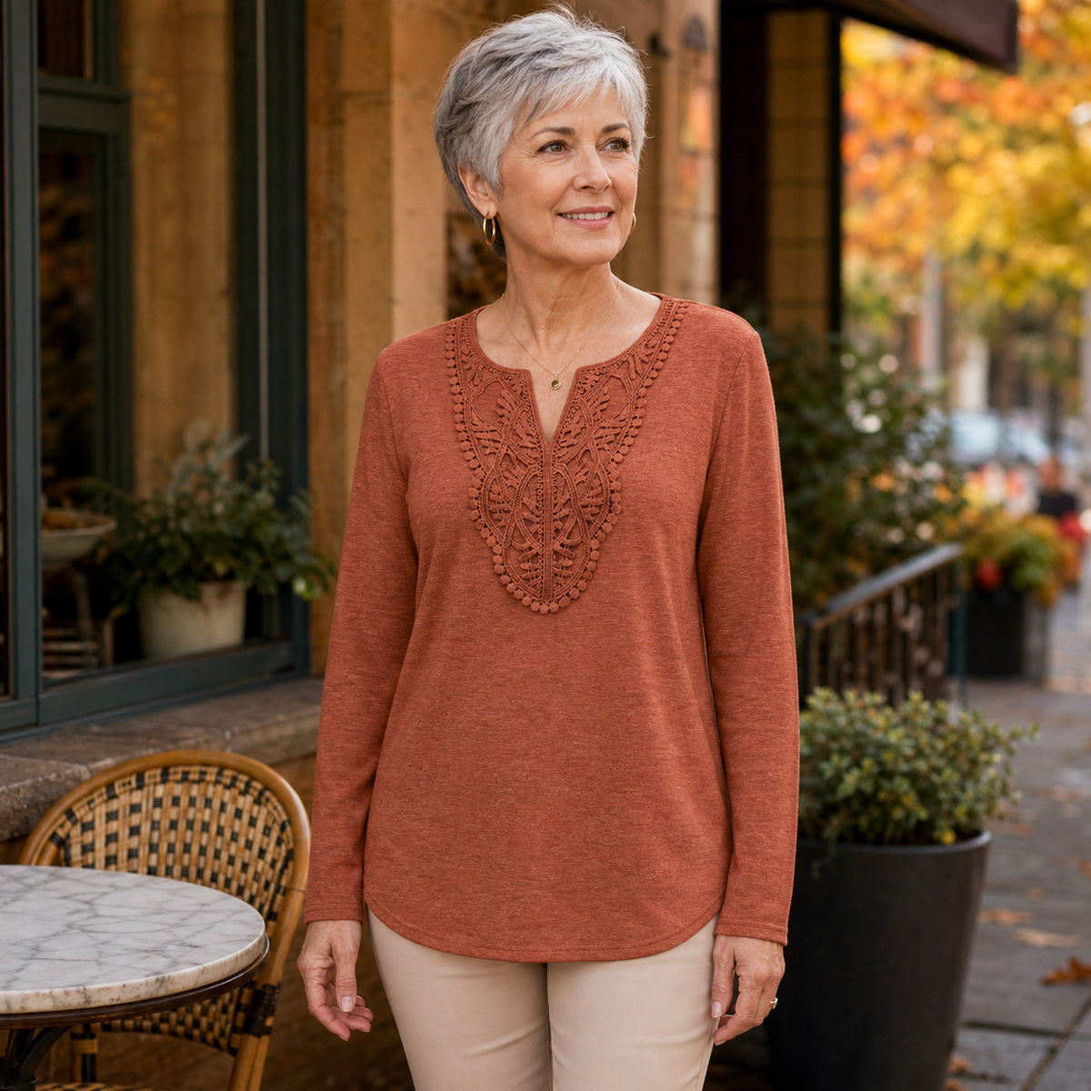 Women's Crochet Lace Split-Neck Long Sleeve Top