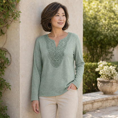Women's Crochet Lace Split-Neck Long Sleeve Top