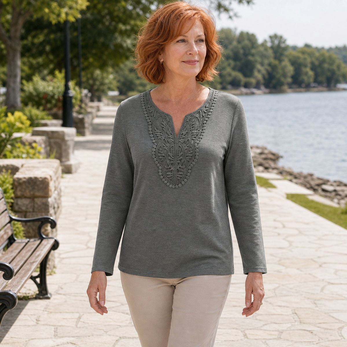 Women's Crochet Lace Split-Neck Long Sleeve Top