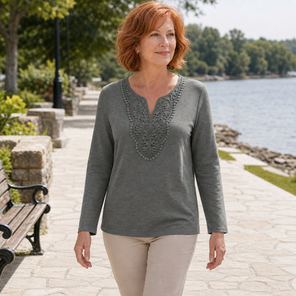 Women's Crochet Lace Split-Neck Long Sleeve Top