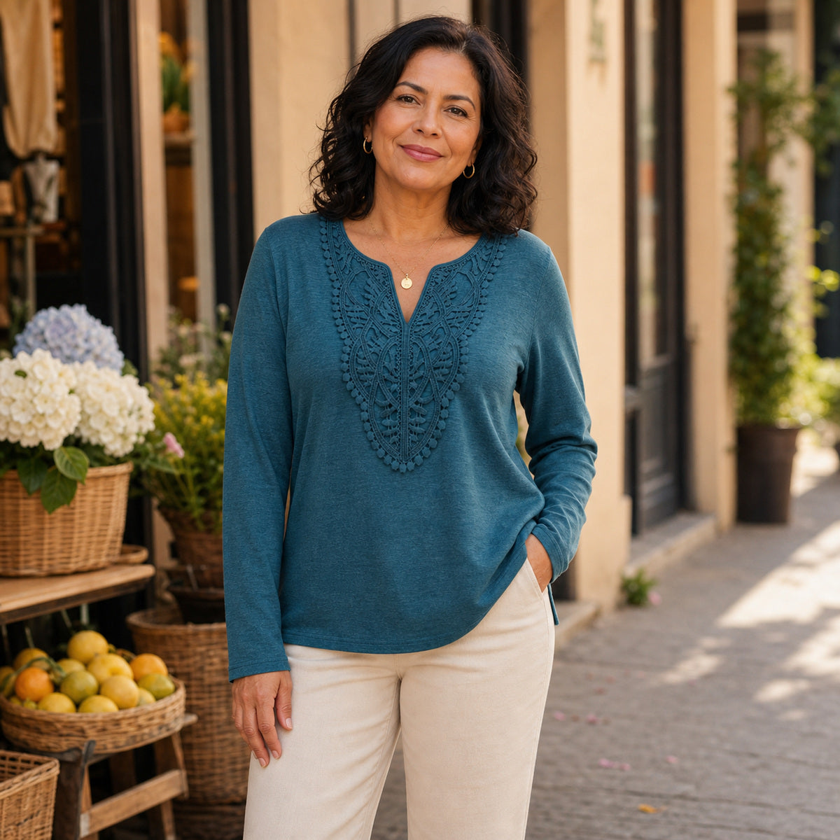 Women's Crochet Lace Split-Neck Long Sleeve Top