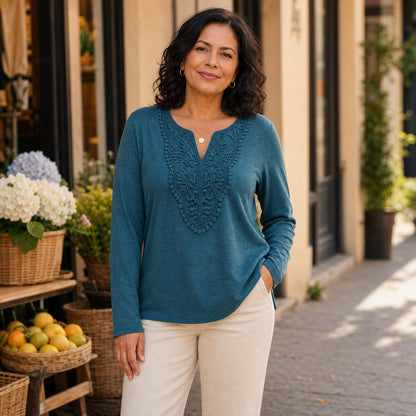 Women's Crochet Lace Split-Neck Long Sleeve Top