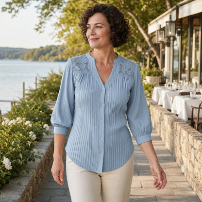 Women's Pintuck Lace-Yoke Three-Quarter Sleeve Blouse