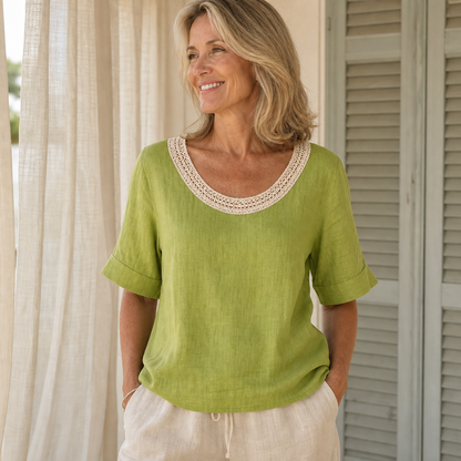 Women's Crochet Lace Neck Linen Short Sleeve Top