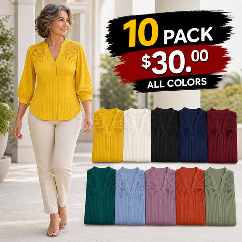 Women's Pintuck Lace-Yoke Three-Quarter Sleeve Blouse