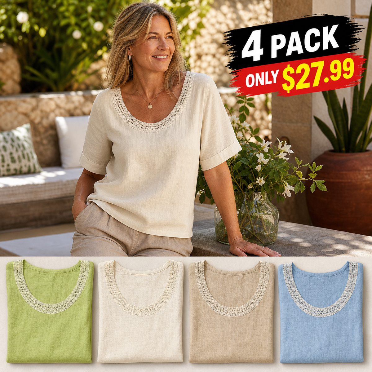 Women's Crochet Lace Neck Linen Short Sleeve Top