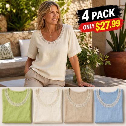 Women's Crochet Lace Neck Linen Short Sleeve Top