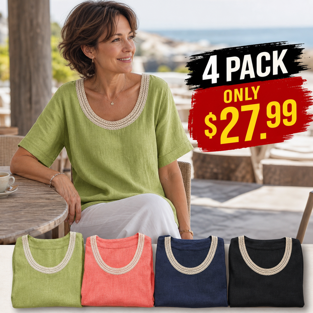 Women's Crochet Lace Neck Linen Short Sleeve Top