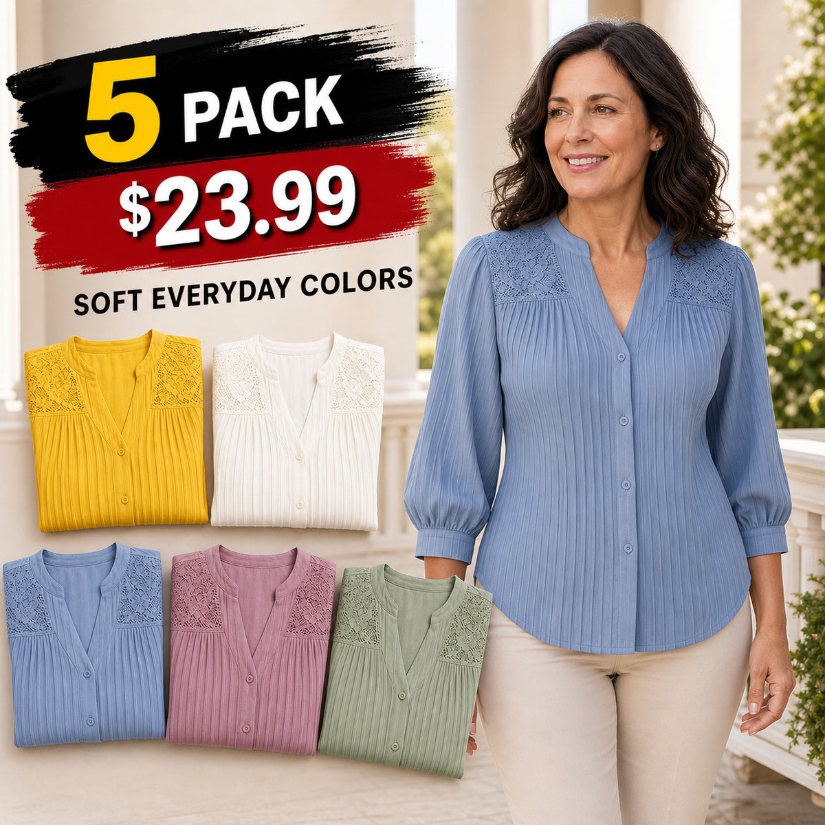 Women's Pintuck Lace-Yoke Three-Quarter Sleeve Blouse
