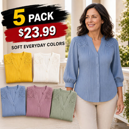 Women's Pintuck Lace-Yoke Three-Quarter Sleeve Blouse