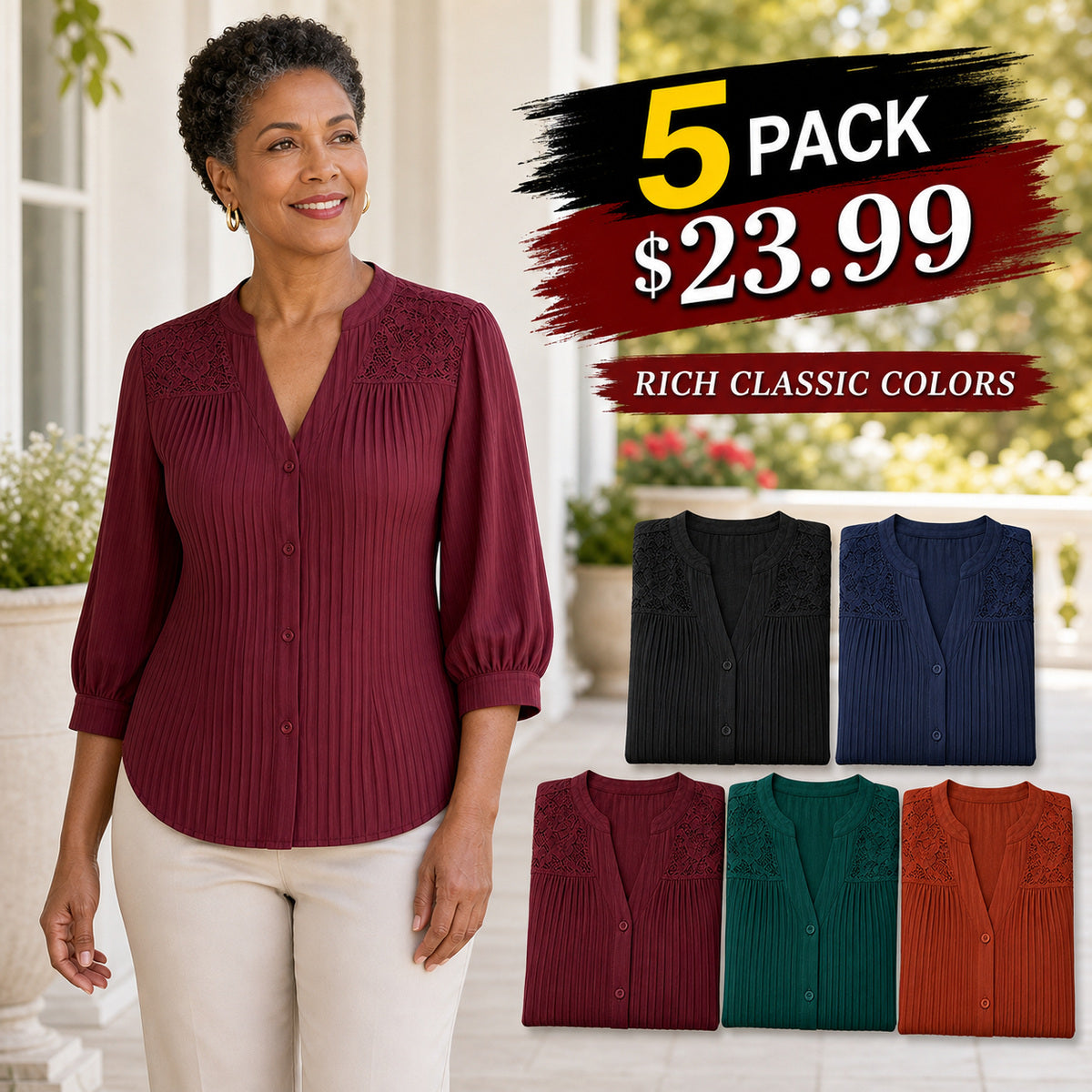 Women's Pintuck Lace-Yoke Three-Quarter Sleeve Blouse