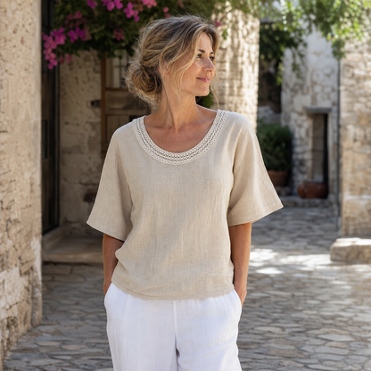 Women's Crochet Lace Neck Linen Short Sleeve Top