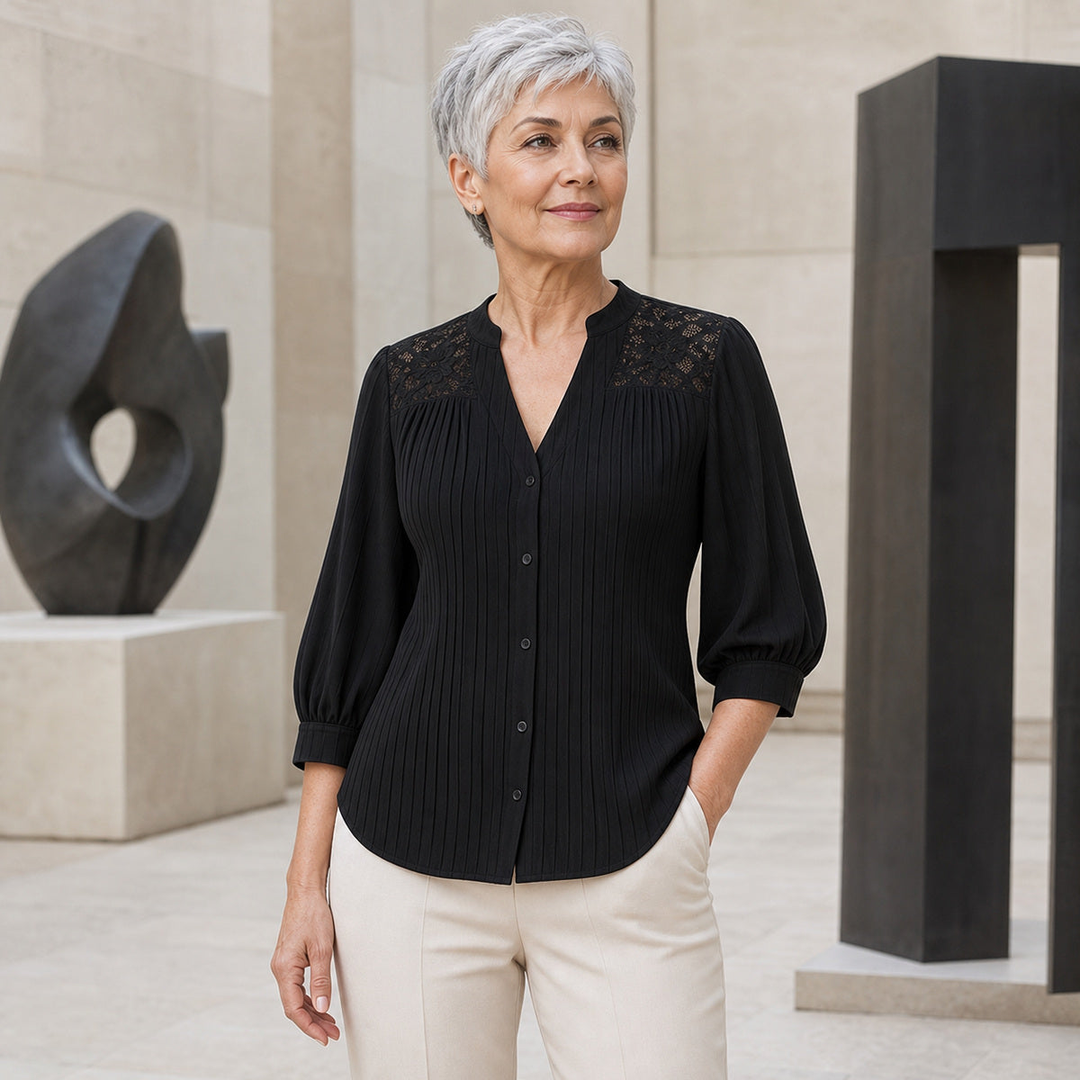 Women's Pintuck Lace-Yoke Three-Quarter Sleeve Blouse