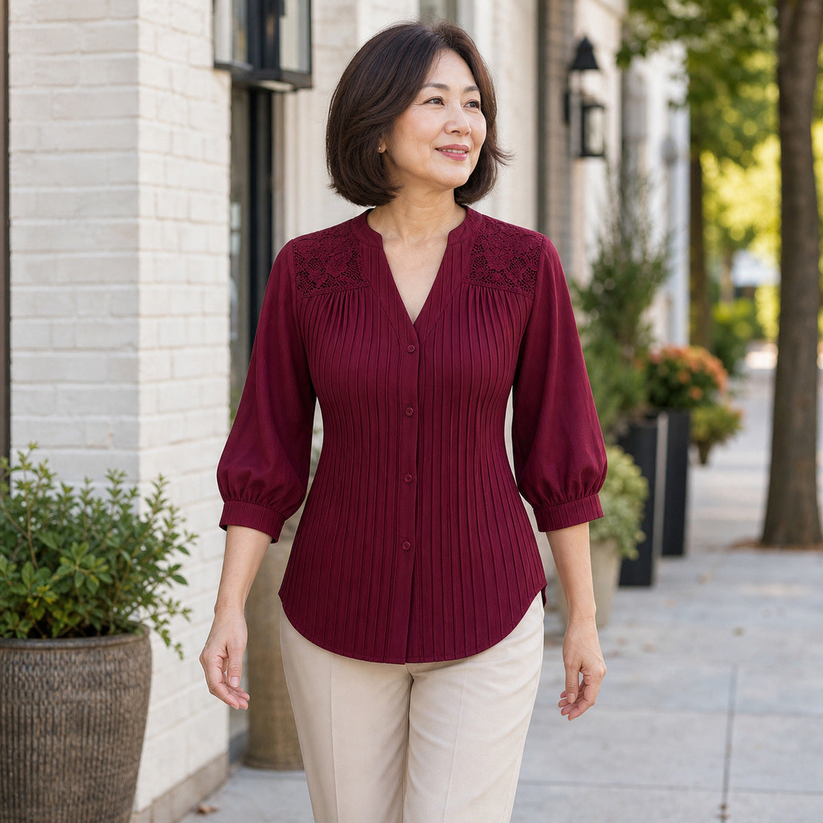 Women's Pintuck Lace-Yoke Three-Quarter Sleeve Blouse