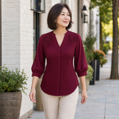 Women's Pintuck Lace-Yoke Three-Quarter Sleeve Blouse