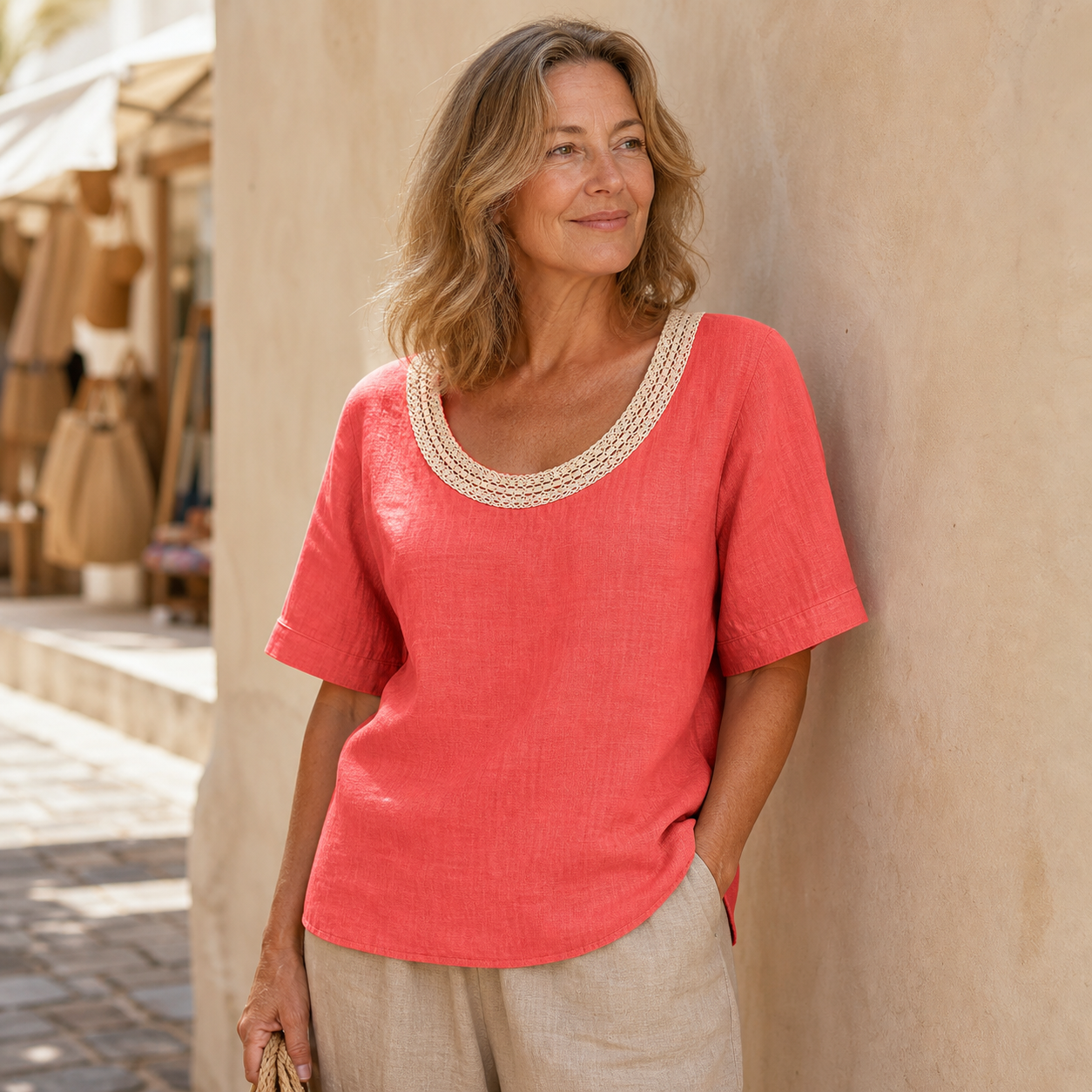 Women's Crochet Lace Neck Linen Short Sleeve Top