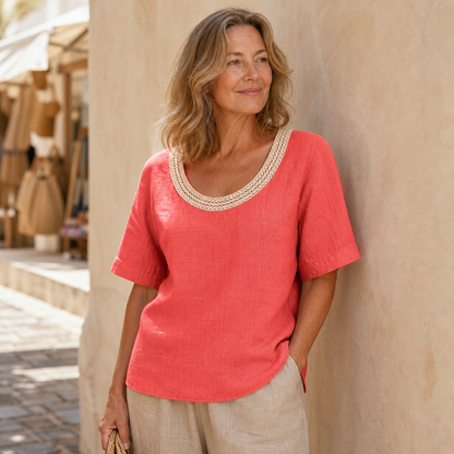 Women's Crochet Lace Neck Linen Short Sleeve Top