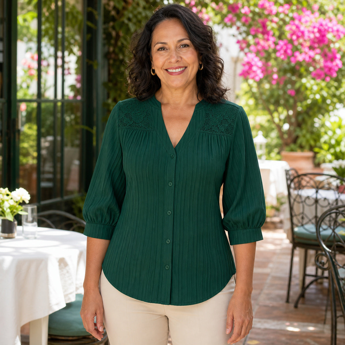 Women's Pintuck Lace-Yoke Three-Quarter Sleeve Blouse