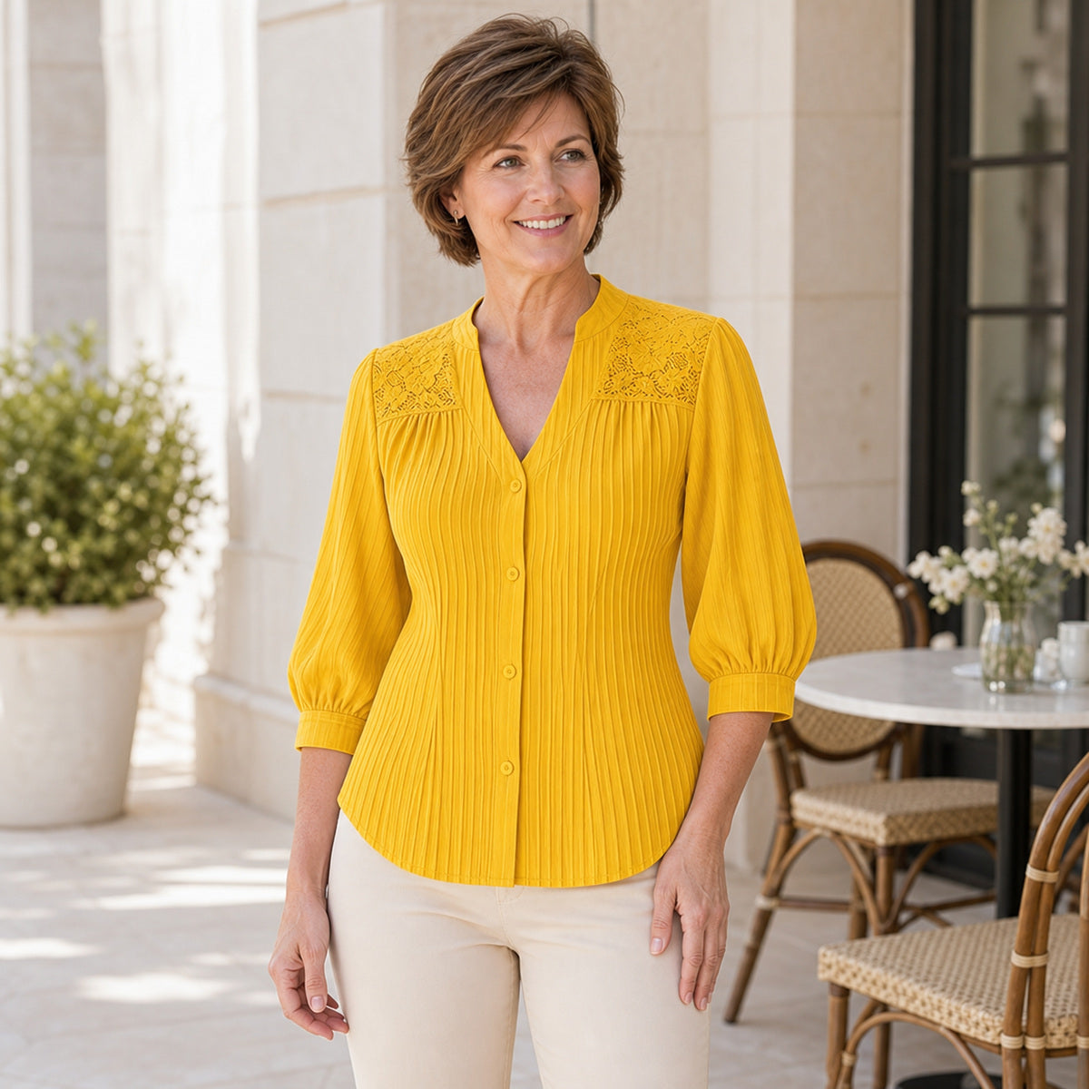 Women's Pintuck Lace-Yoke Three-Quarter Sleeve Blouse