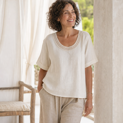 Women's Crochet Lace Neck Linen Short Sleeve Top