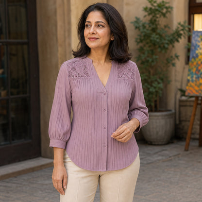 Women's Pintuck Lace-Yoke Three-Quarter Sleeve Blouse