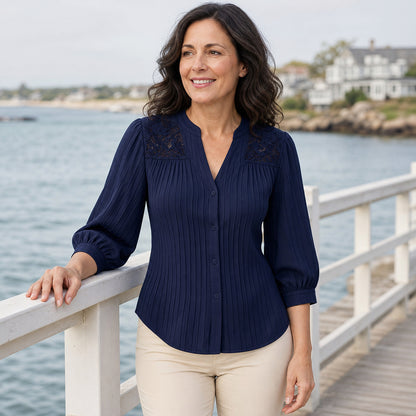 Women's Pintuck Lace-Yoke Three-Quarter Sleeve Blouse