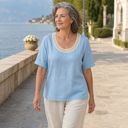 Women's Crochet Lace Neck Linen Short Sleeve Top
