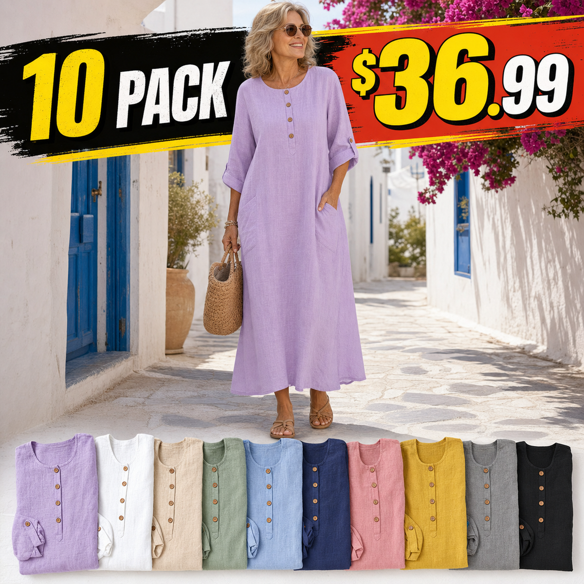 Women's Relaxed Linen Button Maxi Dress