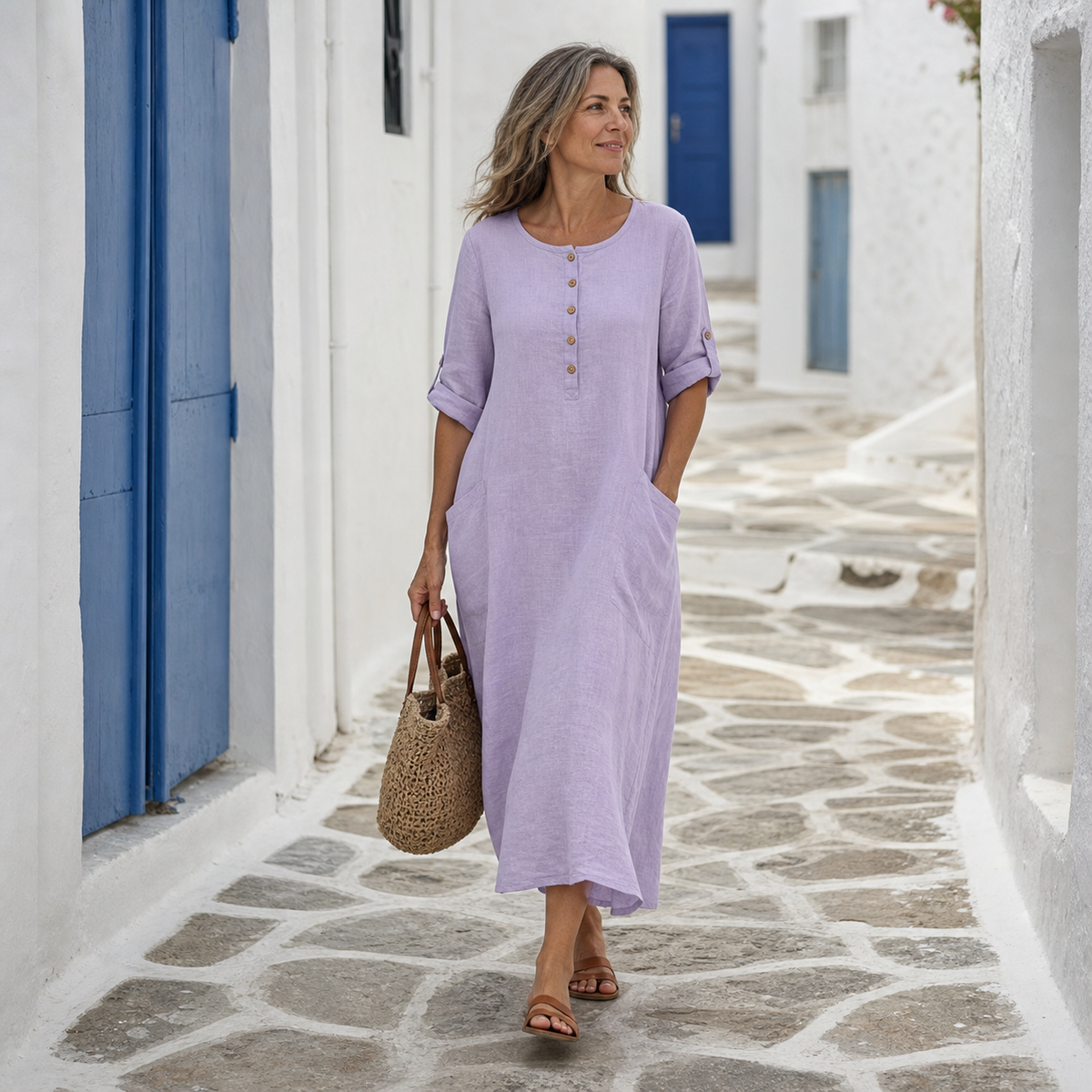 Women's Relaxed Linen Button Maxi Dress