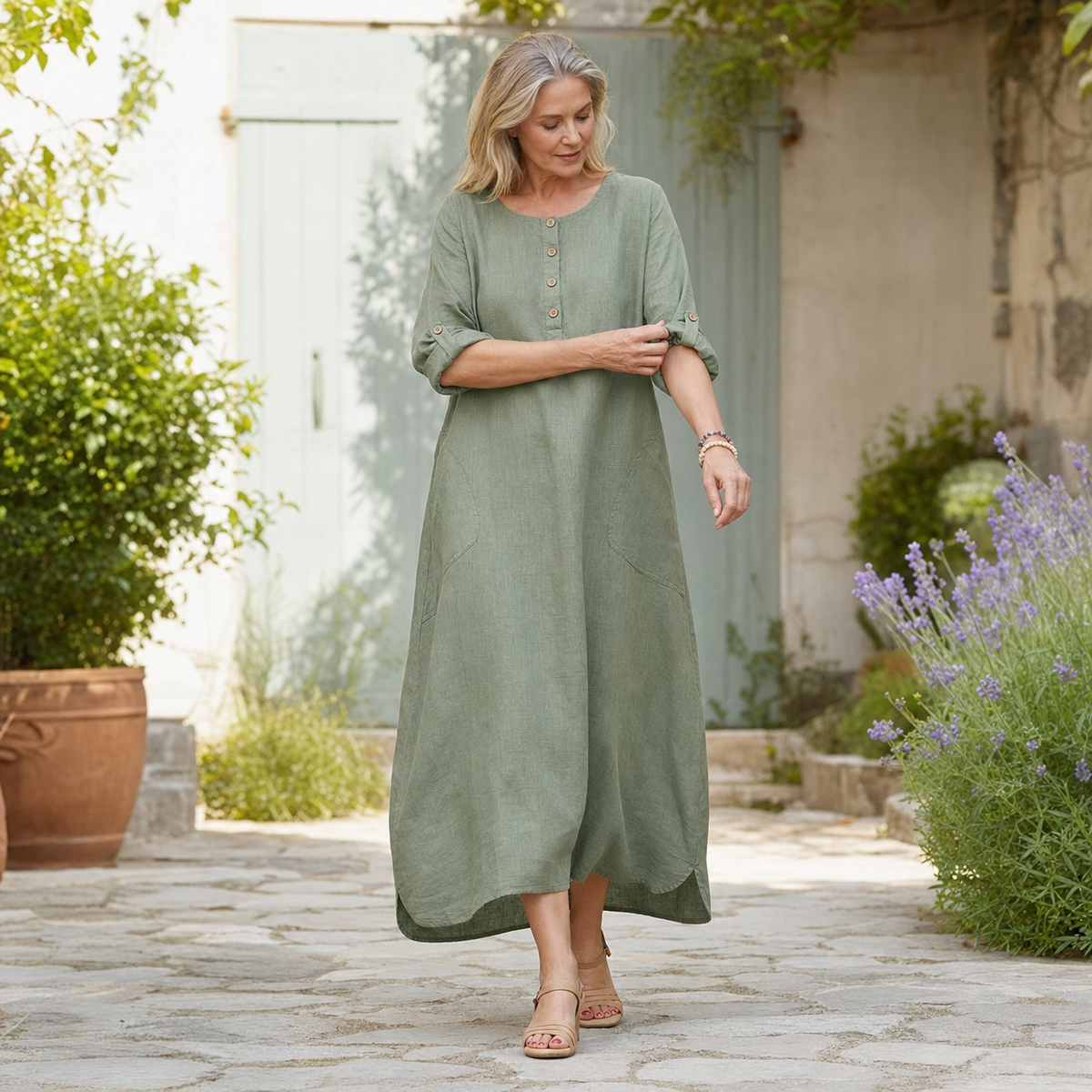 Women's Relaxed Linen Button Maxi Dress