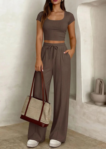 ⚡FINAL SALE⚡ Women's 2 Piece Outfits Square Neck Crop Top High Waist Wide Leg Pants Loungewear Set