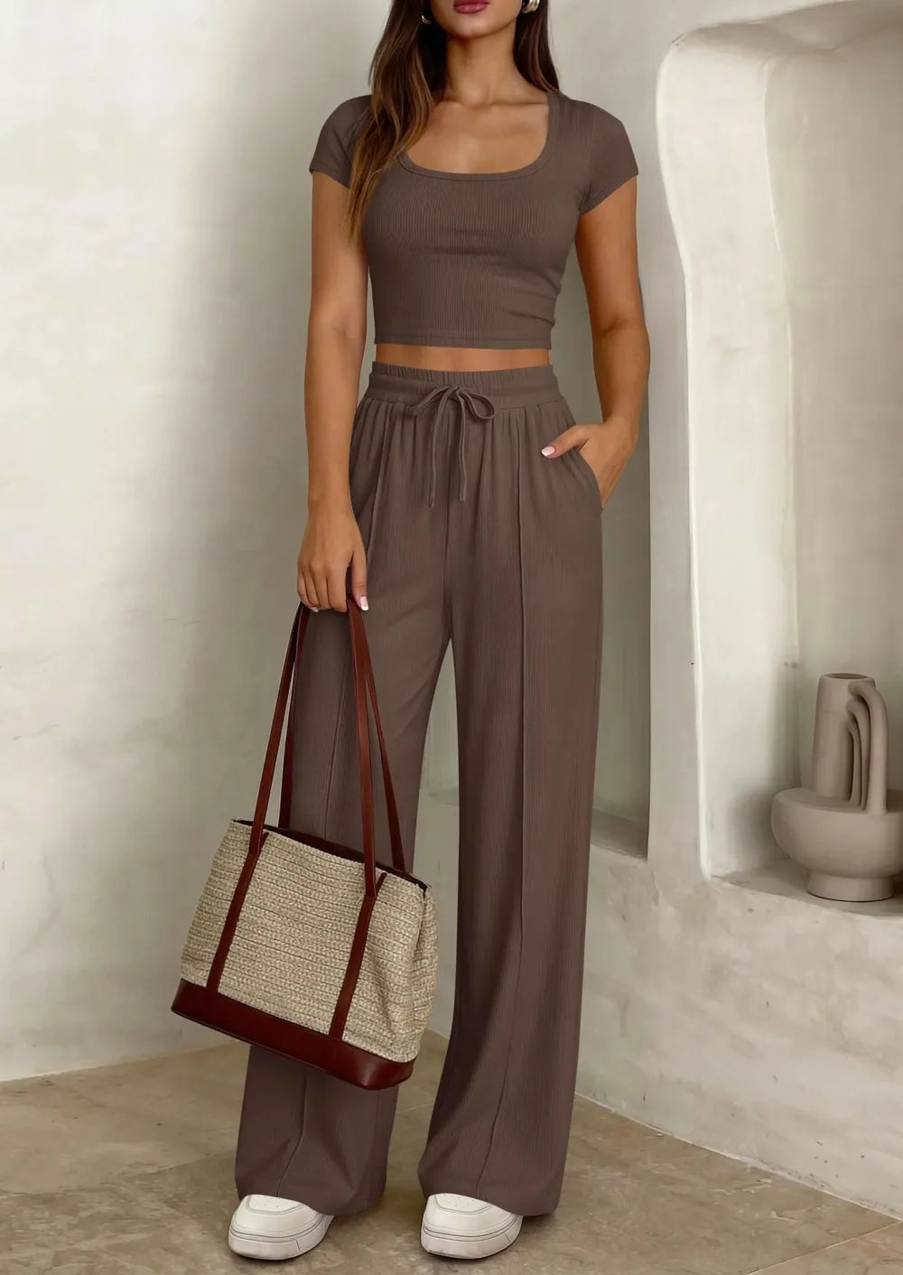 ⚡FINAL SALE⚡ Women's 2 Piece Outfits Square Neck Crop Top High Waist Wide Leg Pants Loungewear Set