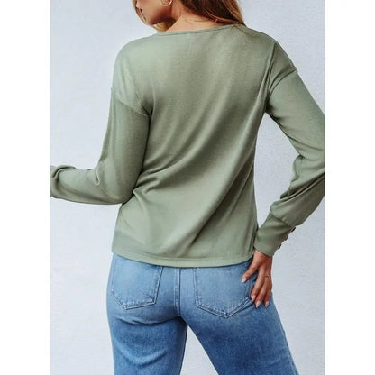 Women's Casual Long Sleeve V-Neck Pullover Shirts Loose Fit Lightweight Knit Tops