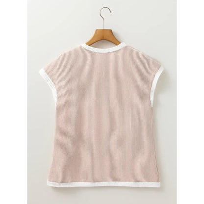 ❤️Women's Crewneck Short Sleeve Color Block Ribbed Knitwear Slim Fitted Blouses Tops