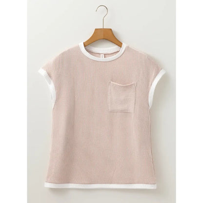 ❤️Women's Crewneck Short Sleeve Color Block Ribbed Knitwear Slim Fitted Blouses Tops